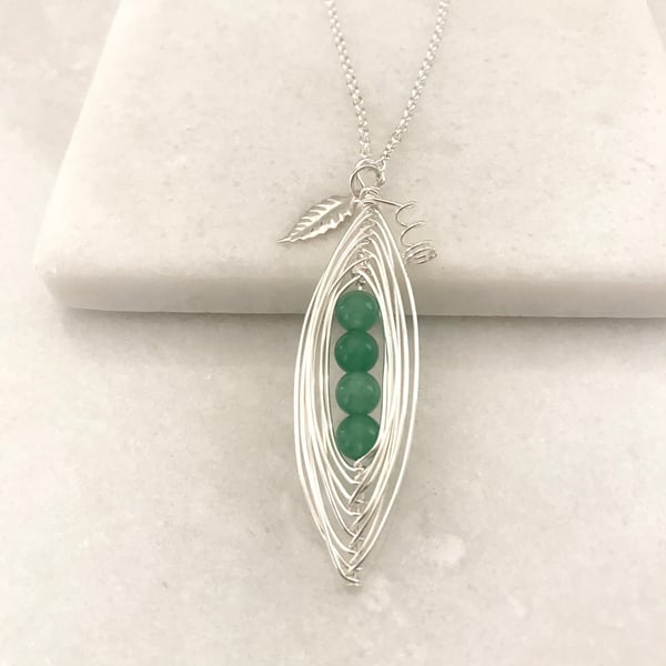 Handmade green pea pod necklace with silver leaf