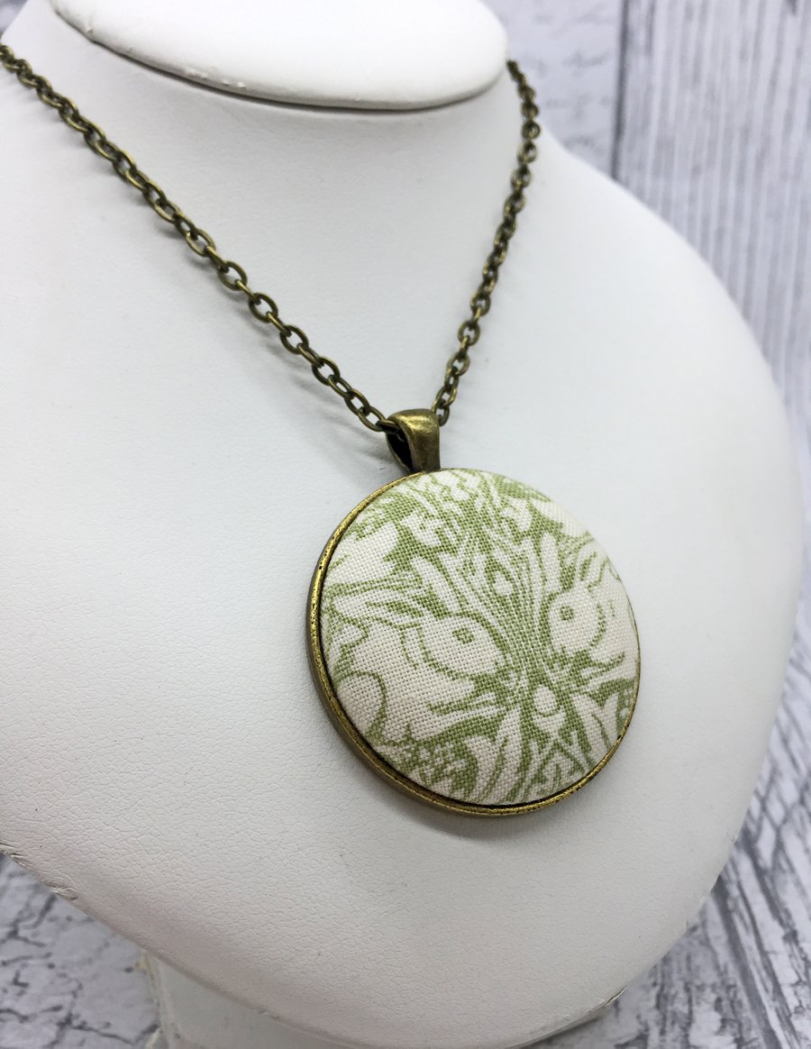 Pair of Rabbits William Morris fabric covered button pendant spring inspired