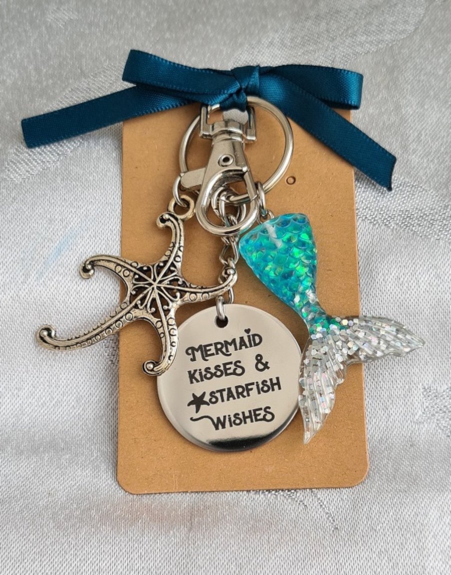 Gorgeous Mermaid Kisses Starfish Wishes Key Ring - Bag Charm - Key Chain. (A)