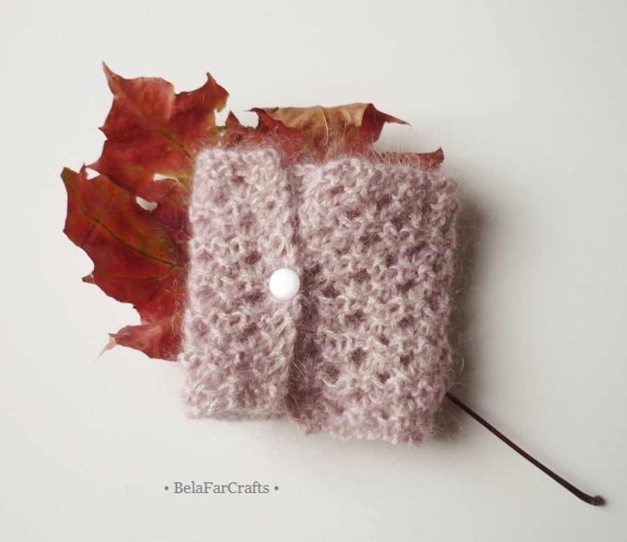 Lacy mohair bracelet - Dusky pink textile cuff - Hand knitted jewellery
