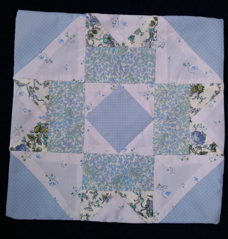 Blue patchwork cushion cover. 37x37 cm. Lined. Wrapover back. 