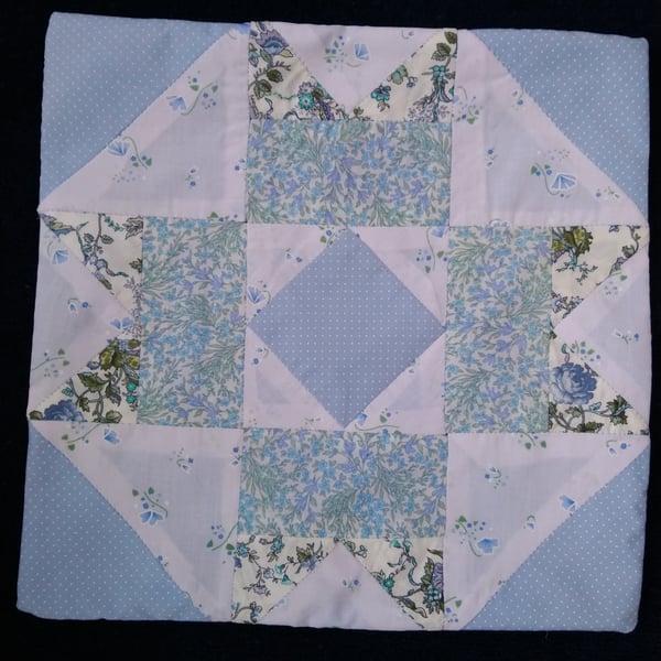 Blue patchwork cushion cover. 37x37 cm. Lined. Wrapover back. 
