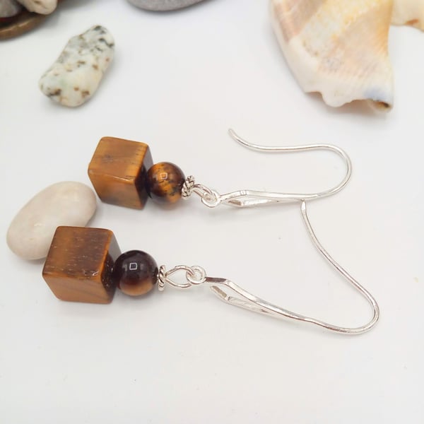 Tiger's Eye Cube & Round Bead Earrings with Sterling Silver Hooks, Gift for Her