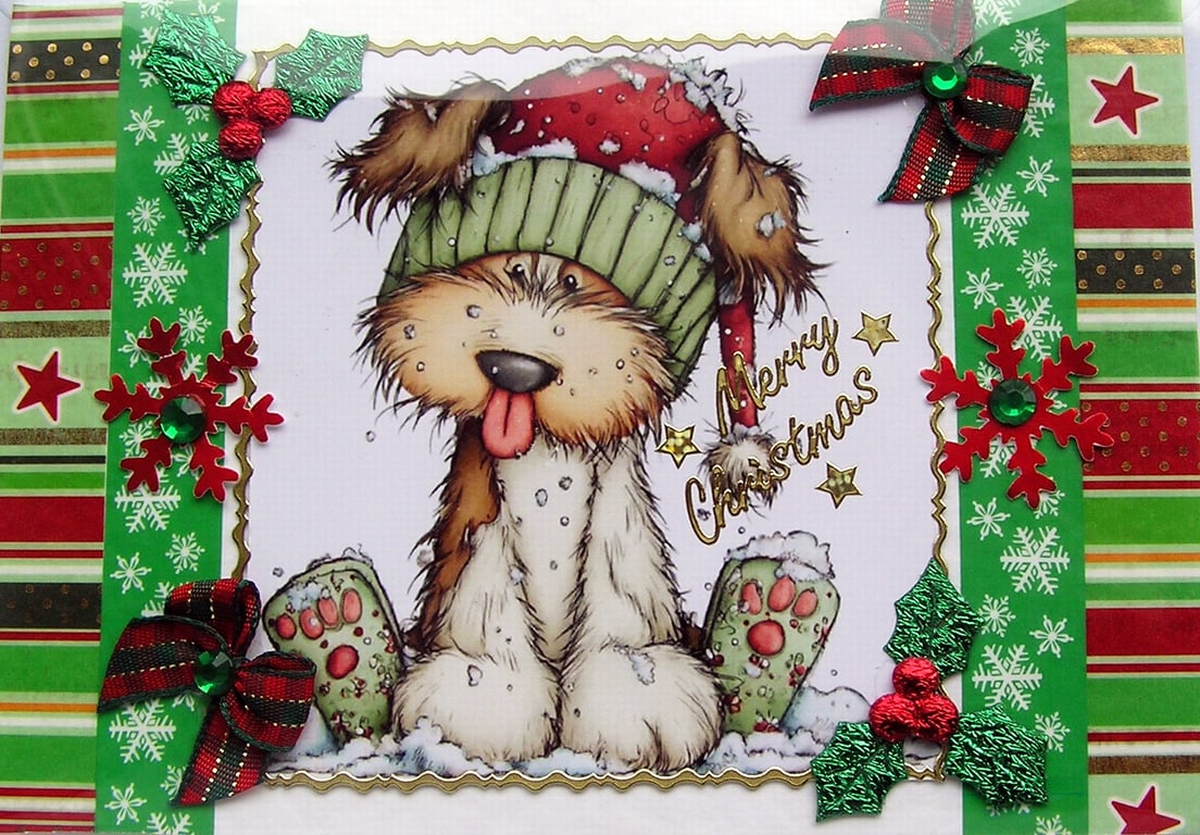 Hand Crafted Decoupage Chistmas Card Merry Christmas (3400) Sitting Xmas Puppy