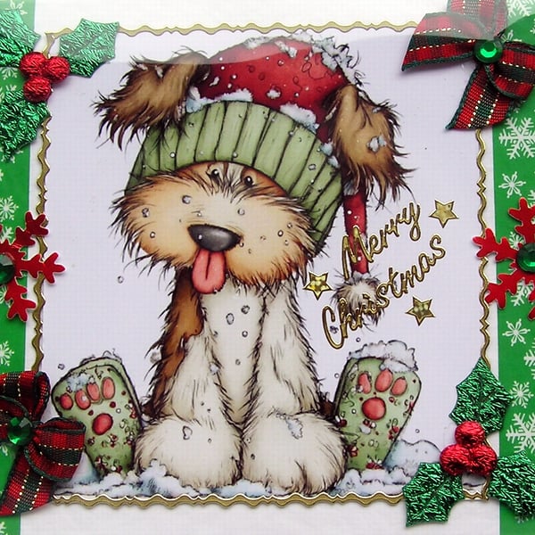 Hand Crafted Decoupage Chistmas Card Merry Christmas (3400) Sitting Xmas Puppy