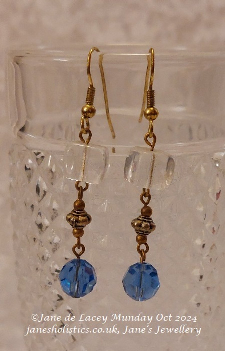 Clear Glass Cube and Blue Dangly Drop Earrings