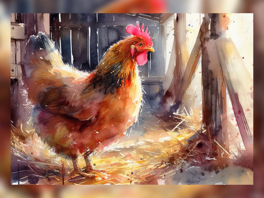 Rustic Chicken Watercolor Print - Farmhouse 5x7 Countryside Art Decor