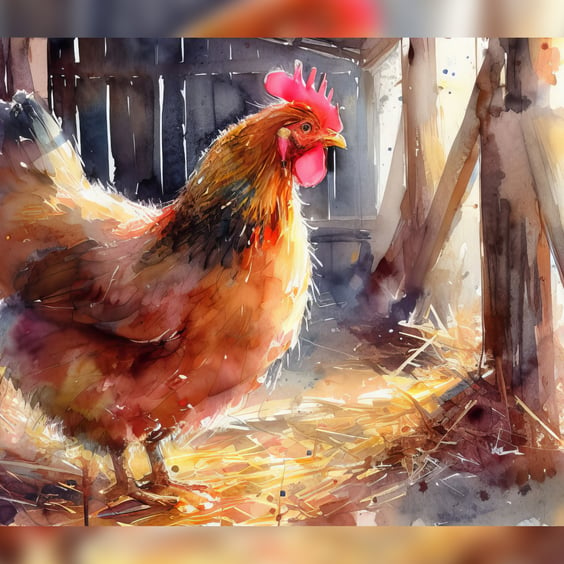 Rustic Chicken Watercolor Print - Farmhouse 5x7 Countryside Art Decor