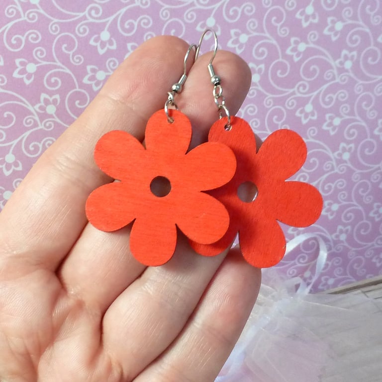 Red flower earrings, eco-friendly red wooden earrings for women