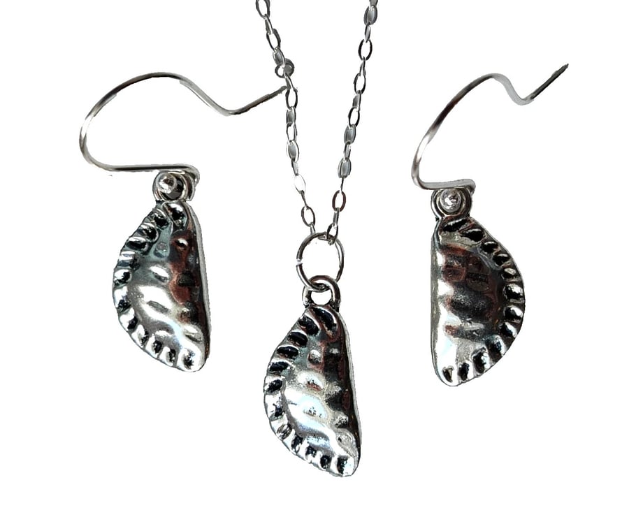 Recycled Sterling Silver Cornish Pasty Necklace & Earrings Jewellery Gift Set