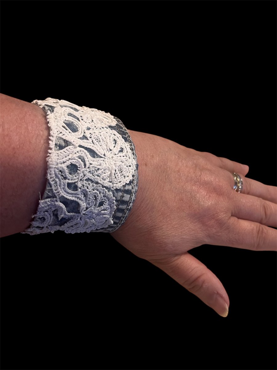 One of a Kind Upcycled Denim Cuff Bracelet with Vintage Doily Detail