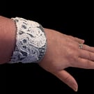 One of a Kind Upcycled Denim Cuff Bracelet with Vintage Doily Detail