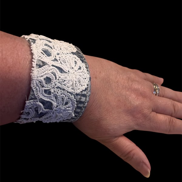 One of a Kind Upcycled Denim Cuff Bracelet with Vintage Doily Detail