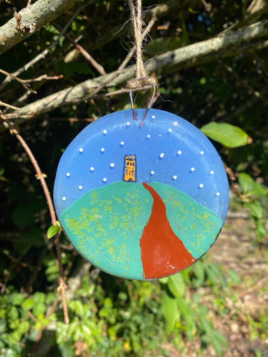 Fused Glass Hand painted Landmark Bauble, Glastonbury Tor