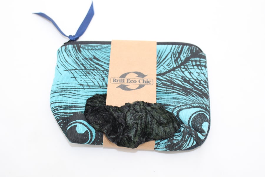 zip up make up bag,peacock feather hand print,Eco zero waste bag,pouch,gift