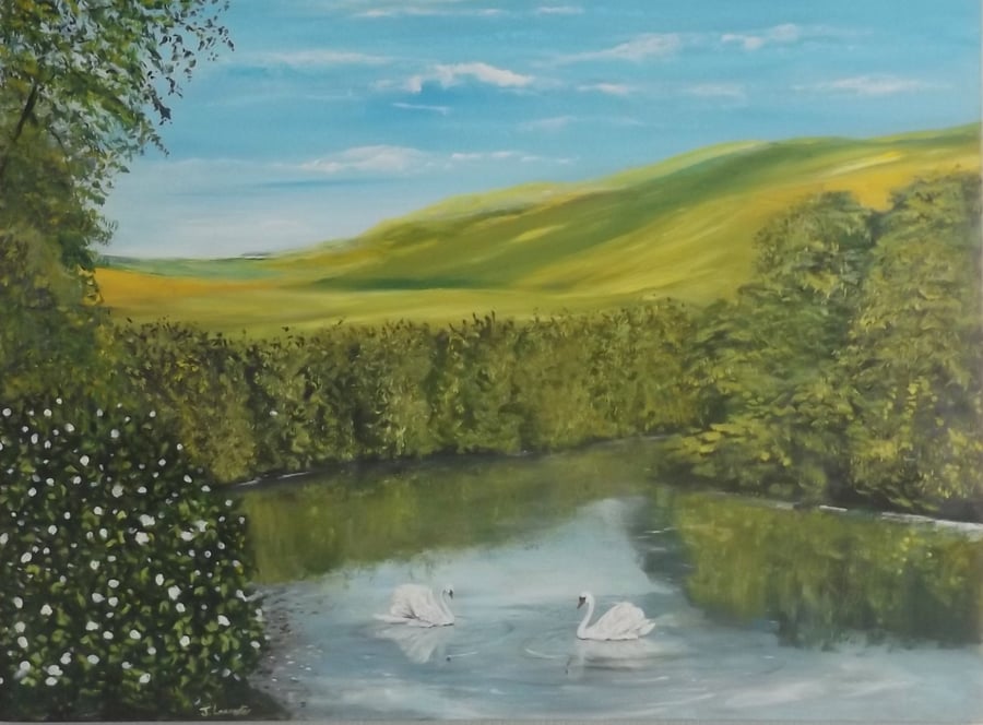  River landscape painting titled Swans on the clear waters of the river wye