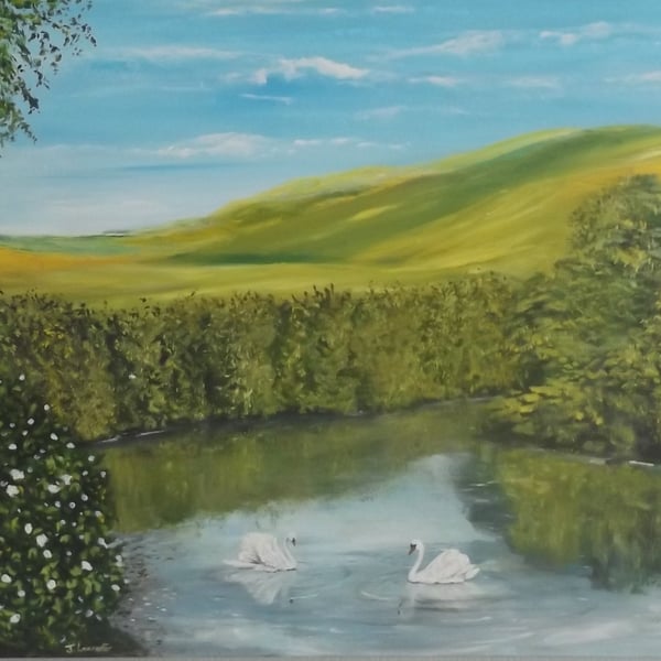 River landscape painting titled Swans on the clear waters of the river wye