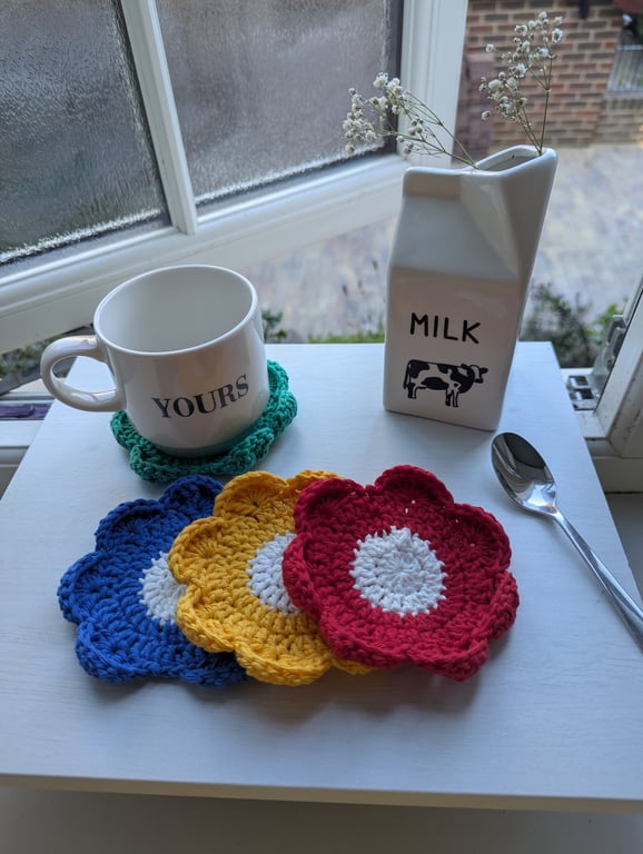 Crochet Bright Coloured Flowers Coasters 