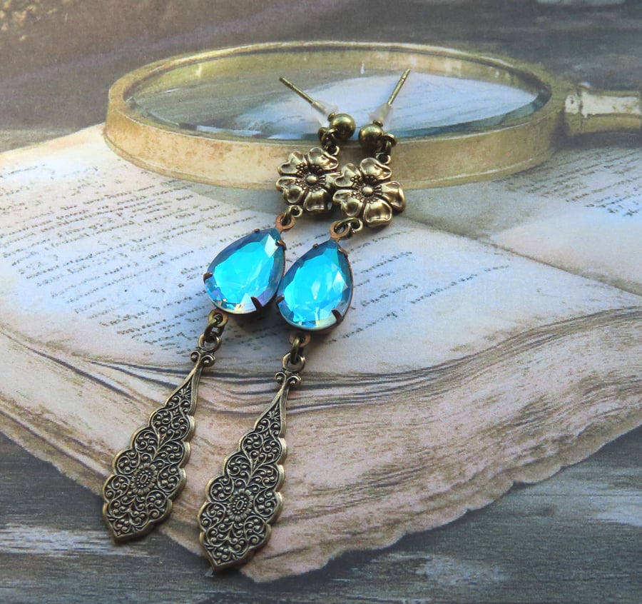 Victorian Style Electric Aquamarine Crystal & Antiqued Brass Dangle Earrings