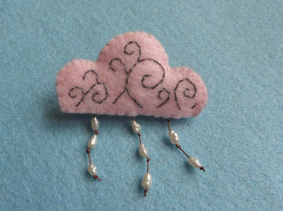 Weather The Storm Pink Storm Felt and Pearl Cloud Brooch
