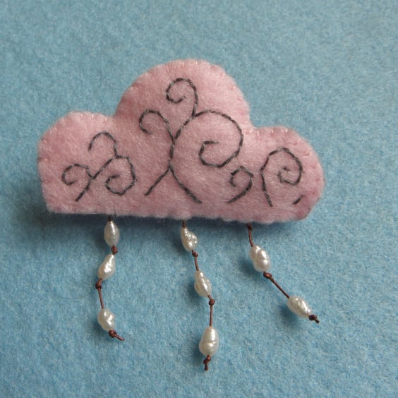 Weather The Storm Pink Storm Felt and Pearl Cloud Brooch
