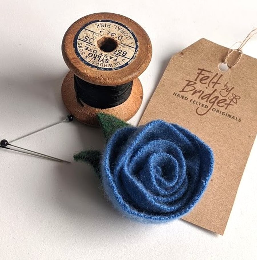 Blue rose brooch: upcycled wool felt