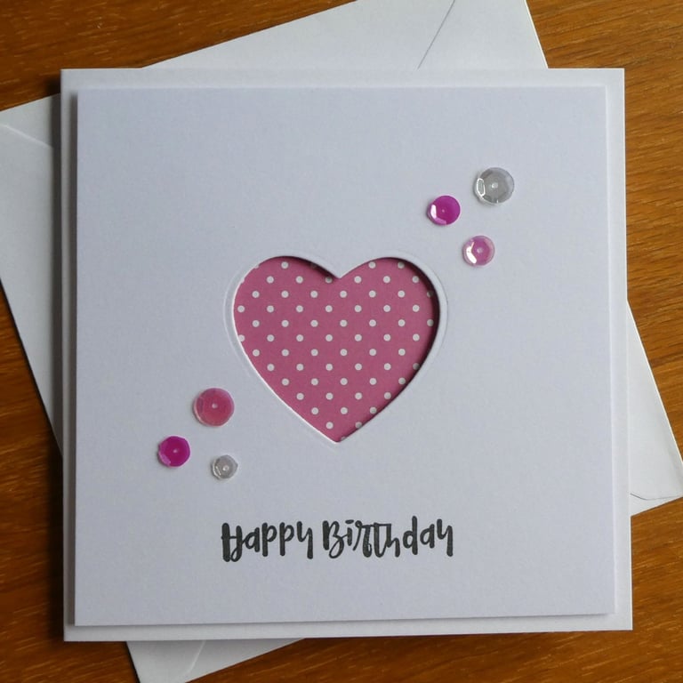 Happy Birthday Card - Bright Pink and White Polka Dot Heart Aperture