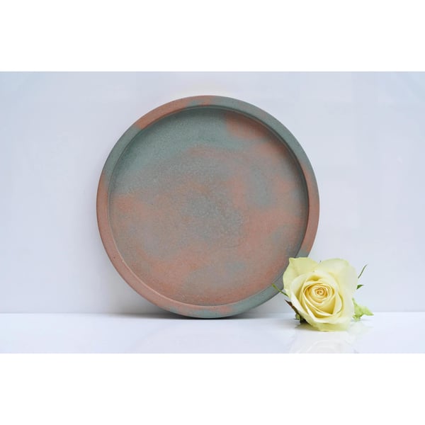 Round Concrete Tray: Handmade Orange and Green Minimalist Candle Plate