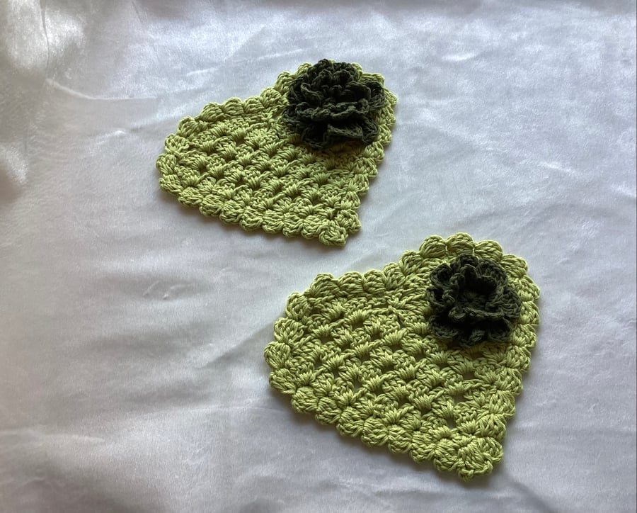 Set of 2 Crochet Heart Coasters with flowers