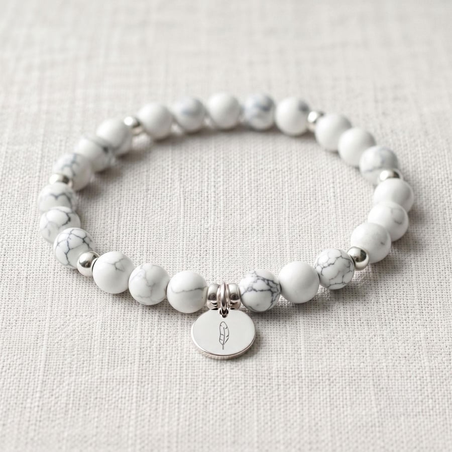 Howlite Crystal Bracelet, Calming & Sleep, Personalised Engraved Gift