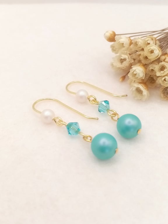 Pearl Earrings - Turquoise & White Crystal Pearl Drops - Special Occasion 