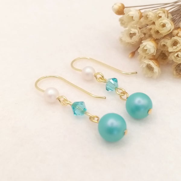 Pearl Earrings - Turquoise & White Crystal Pearl Drops - Special Occasion 