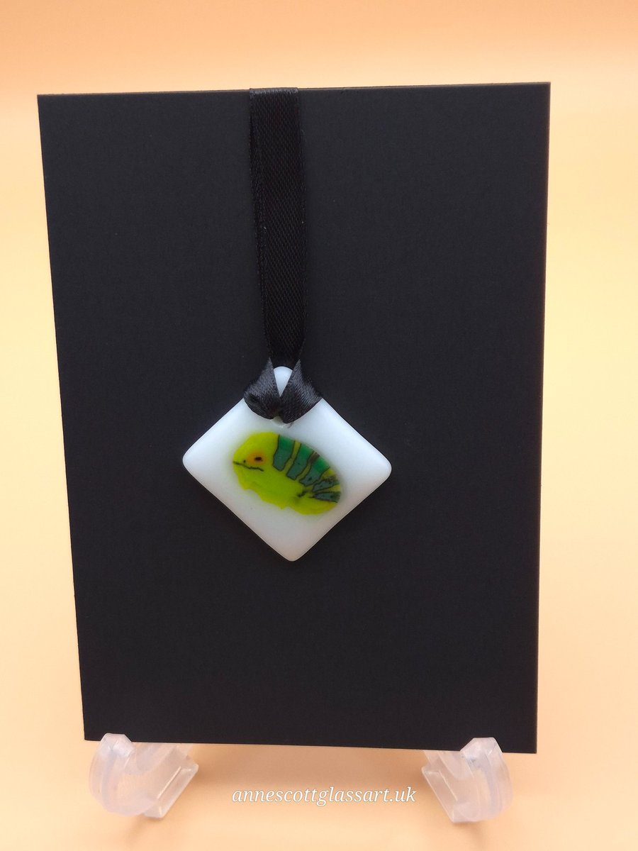Green Caterpillar on White Fused Glass Card