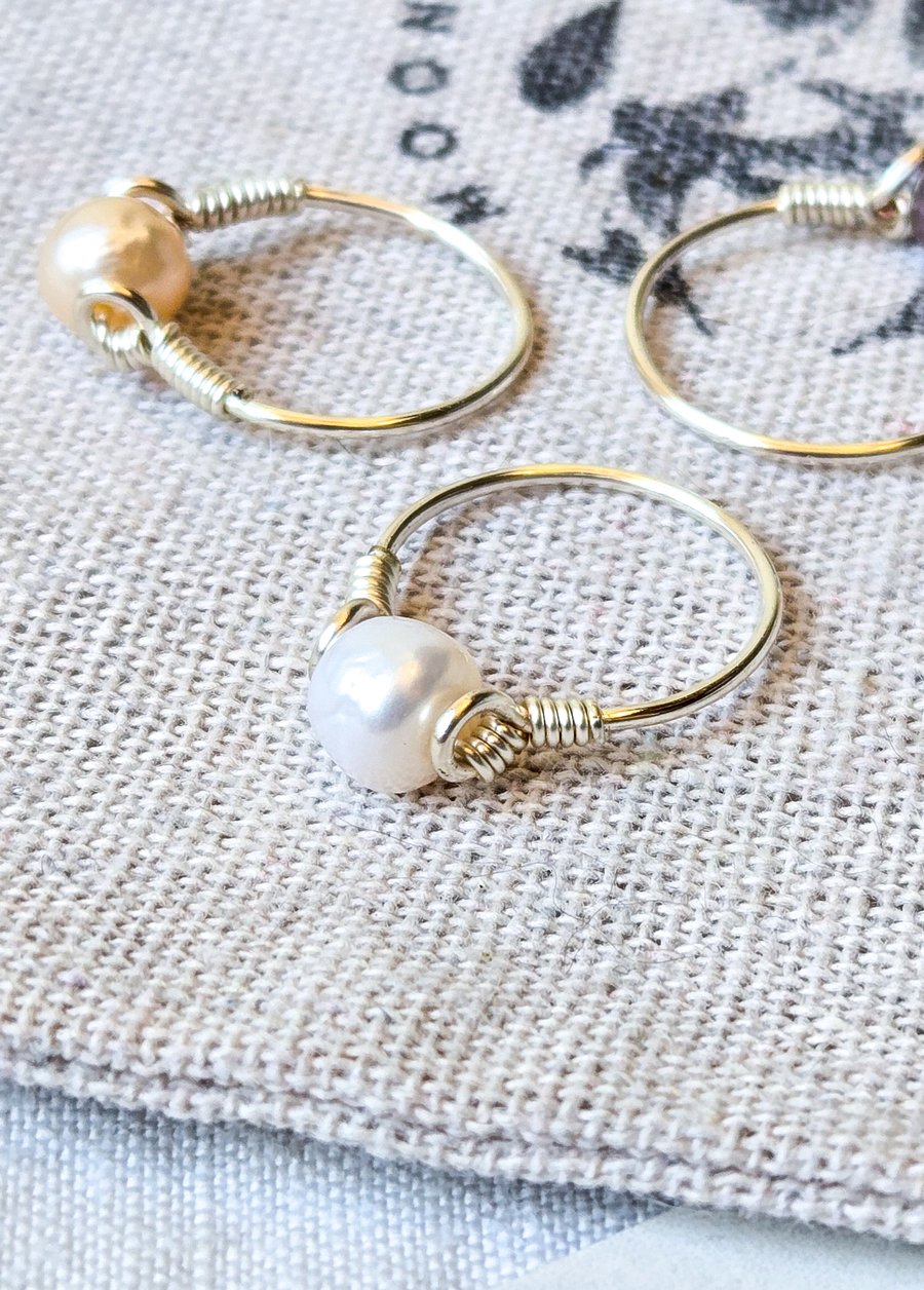 White Ivory Pearl Sterling Silver Ring - June Birthstone, June Birthday, UK J