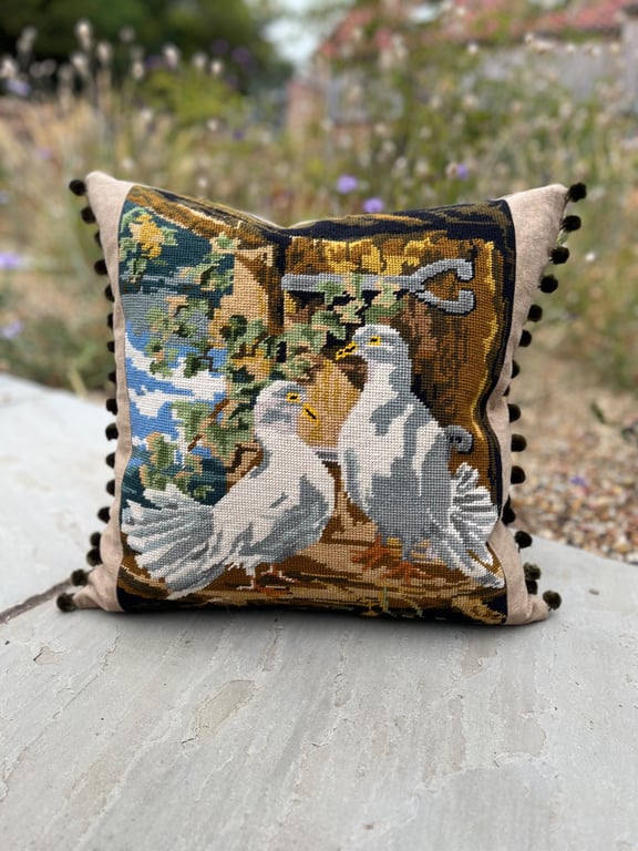 White Doves Vintage tapestry cushion cover with pompoms