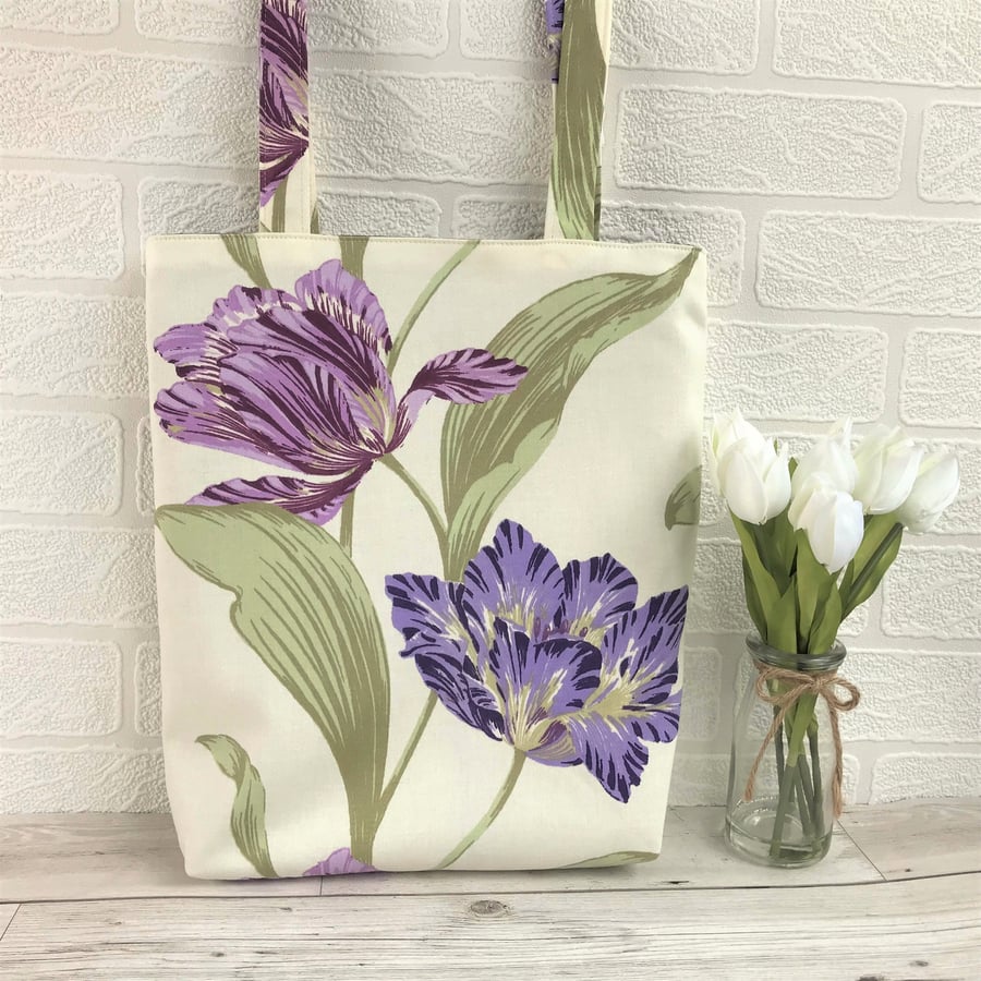 Cream tote bag with large purple and mauve tulips