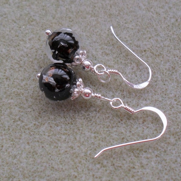 Black Venetian Murano Glass Dainty Drop Sterling Silver Earrings