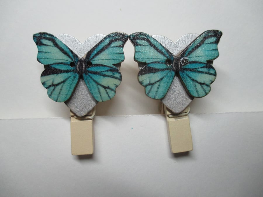 Butterfly on Love Heart Peg Clip Mini Peg Set of two silver blue black