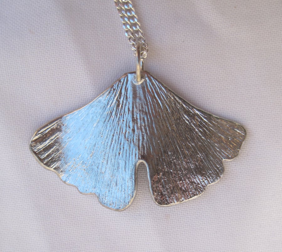 Ginko leaf pewter pendant necklace with sterling silver chain
