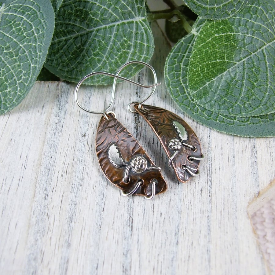 Earrings, Sterling Silver and Copper Leaf, Vine & Flower Droppers