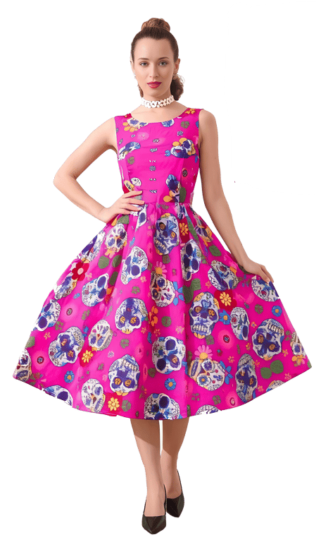 1950s Vintage Retro Rockabilly Dress Sugar Skull print Pink women's sizes 14-26