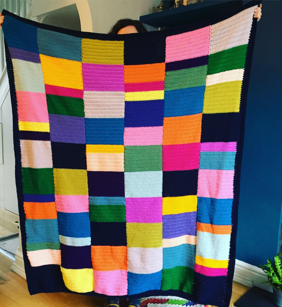 Patchwork colour block rainbow crochet blanket, crochet throw, free UK shipping
