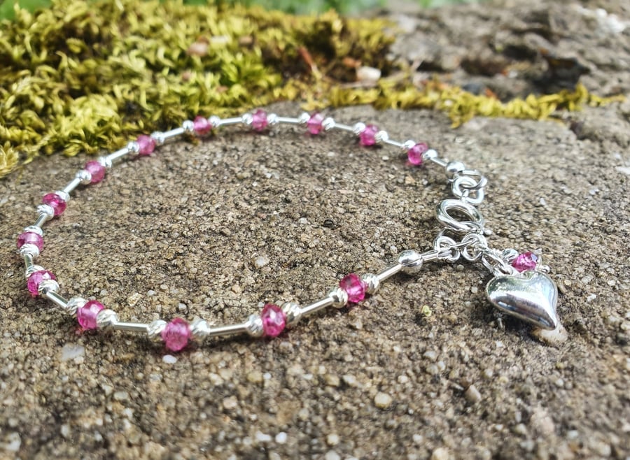 Pink Quartz and Silver Loveheart Bracelet 