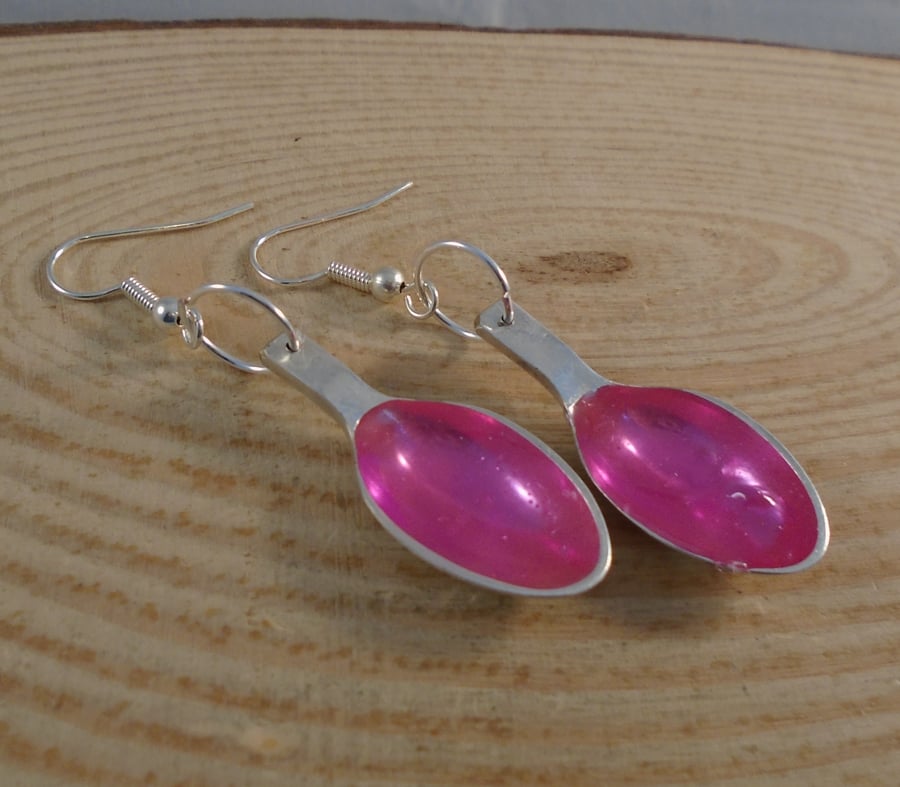 Upcycled Silver Plated Pink Sugar Tong Spoon Drop Dangle Earrings SPE051905