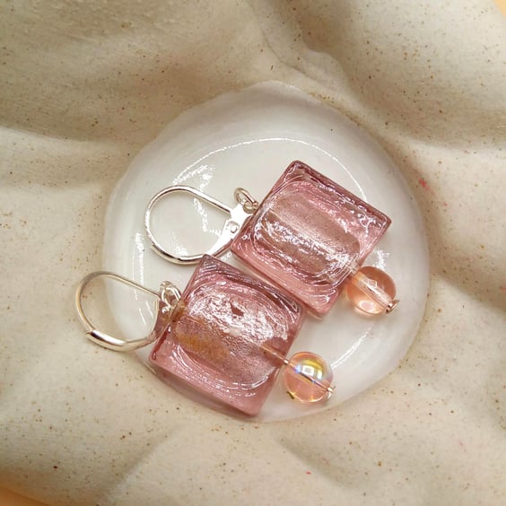 Pale Lilac Bead Earrings for Pierced Ears, Square Beaded Earrings, Gift for Her