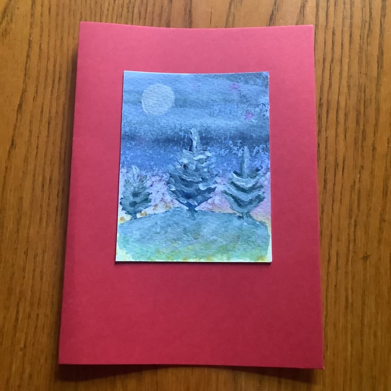 Hand painted Christmas Yule Card 'Three Trees in the Rain'