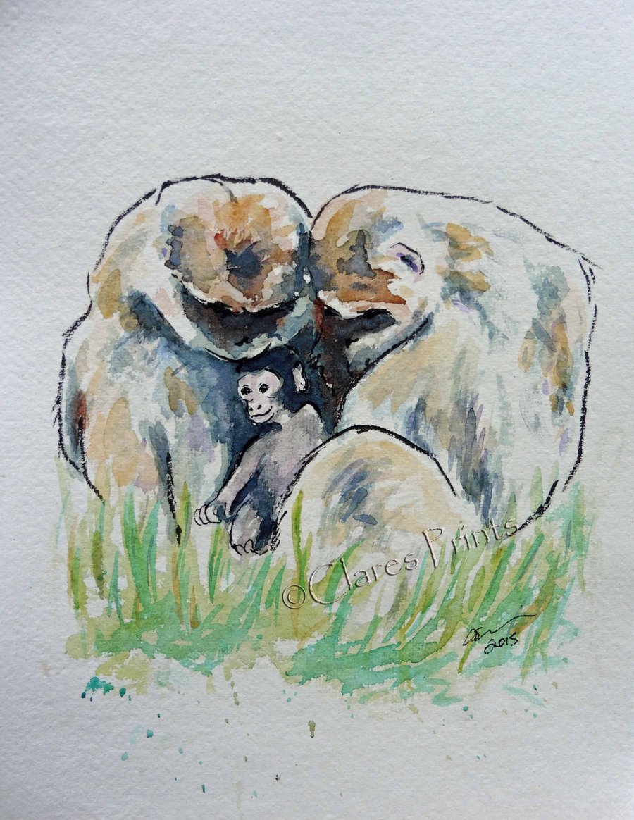 Monkey Love Art Watercolour Original Animal Painting 