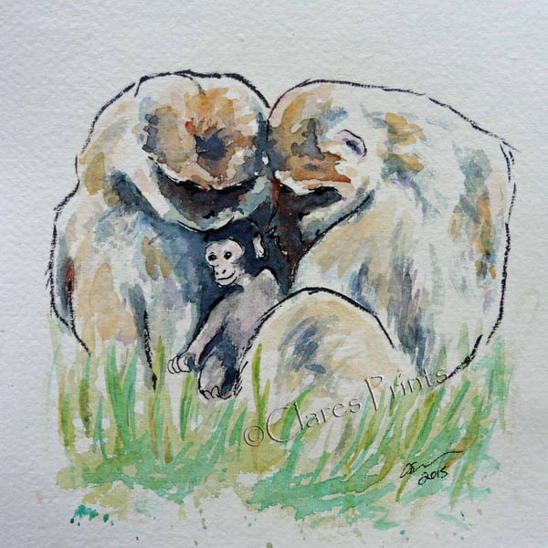 Monkey Love Art Watercolour Original Animal Painting 