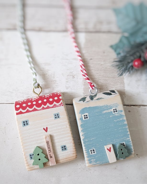 Set of 2 Wooden Christmas House Hanging Decorations