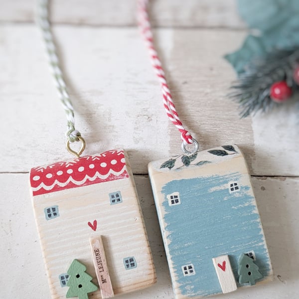 Set of 2 Wooden Christmas House Hanging Decorations